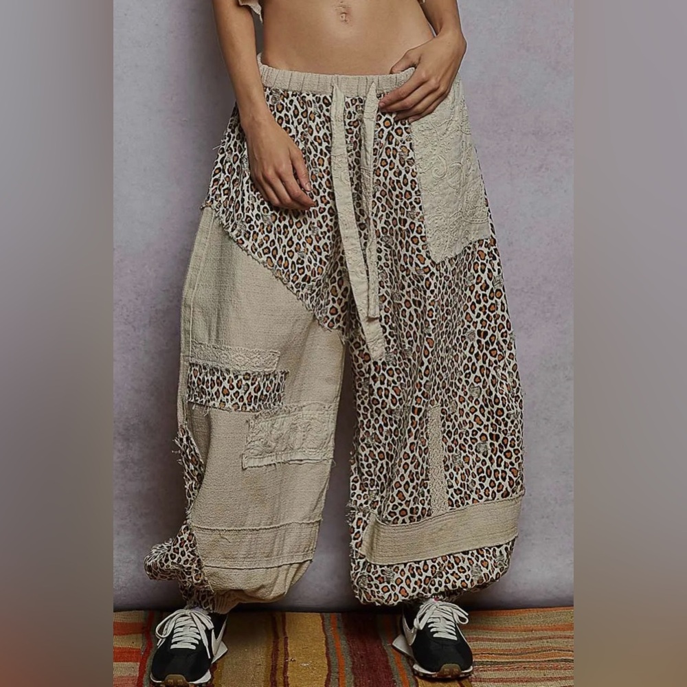 295 - POL Jacquard Printed Patchwork Woven Joggers Beige and Leopard